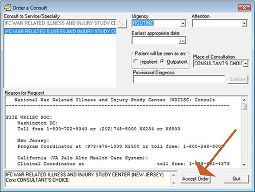 Lastly, choose Accept Order. Your referral will be sent to the clinical coordinator and the Veteran will be contacted for more information.