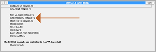In CPRS, select the Veteran you wish to refer. Create a new consult by selecting New Consult. In the Consult Main Menu, select Interfacility Consults.